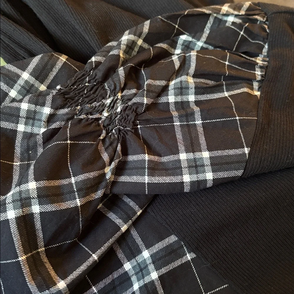 NWT LOFT Mixed-Media Blouse Split-Neck Puff-Sleeve Women’s XL Black Ribbed Plaid